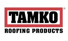TAMKO Roofing Products logo: Black text "TAMKO" inside red rectangle, "ROOFING PRODUCTS" below.