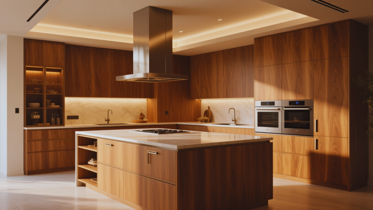 Modern kitchen with wood cabinetry, island, and stainless steel range hood.
