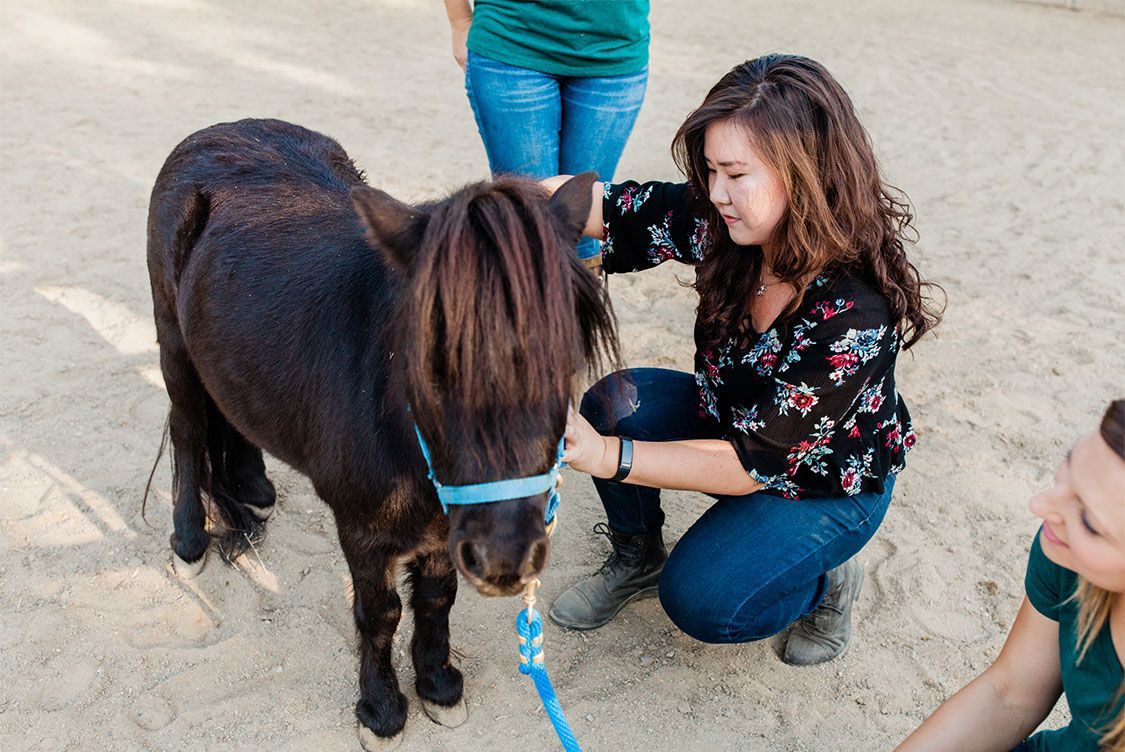 Woman kneels beside a small pony, holding its bridle while standing on sandy ground.