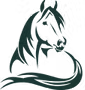 Black-and-white stylized horse head logo in profile with flowing mane and curved base lines