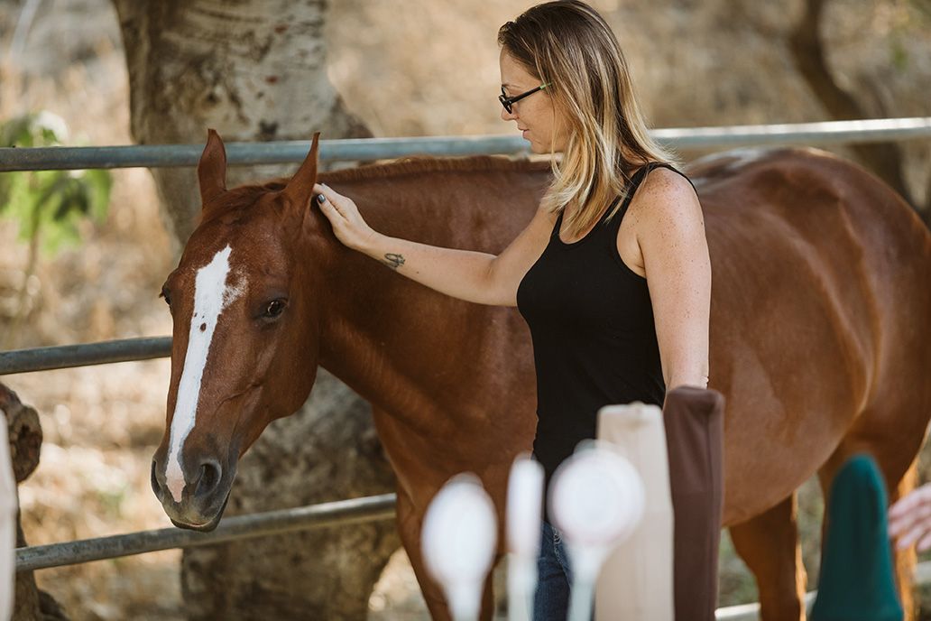 Woman petting a brown horse outdoors in a paddock