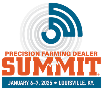 Logo for Precision Farming Dealer Summit, Louisville, KY, January 6-7, 2025. Features a wireless signal icon.