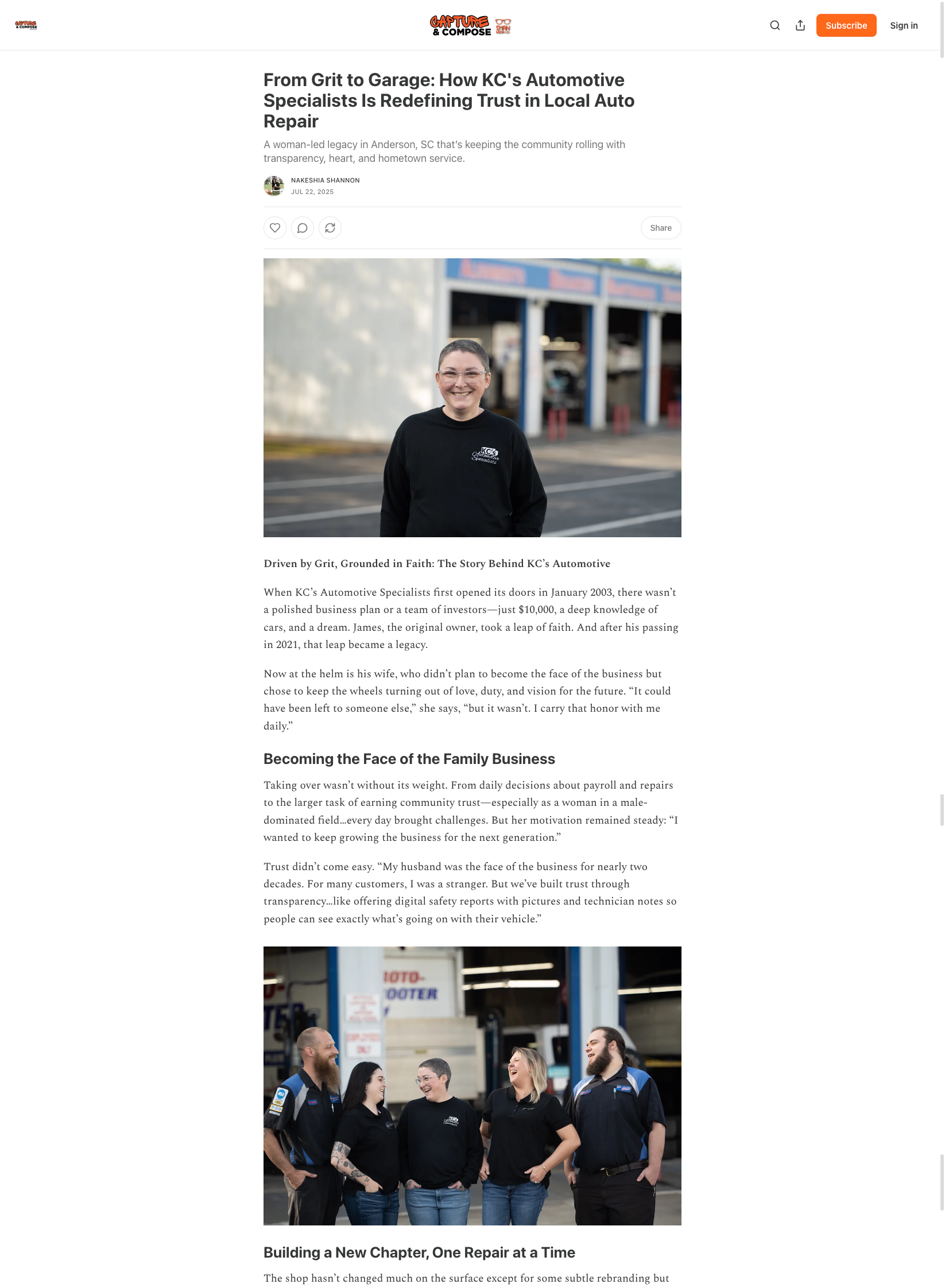 Woman in front of auto shop; staff group photo.