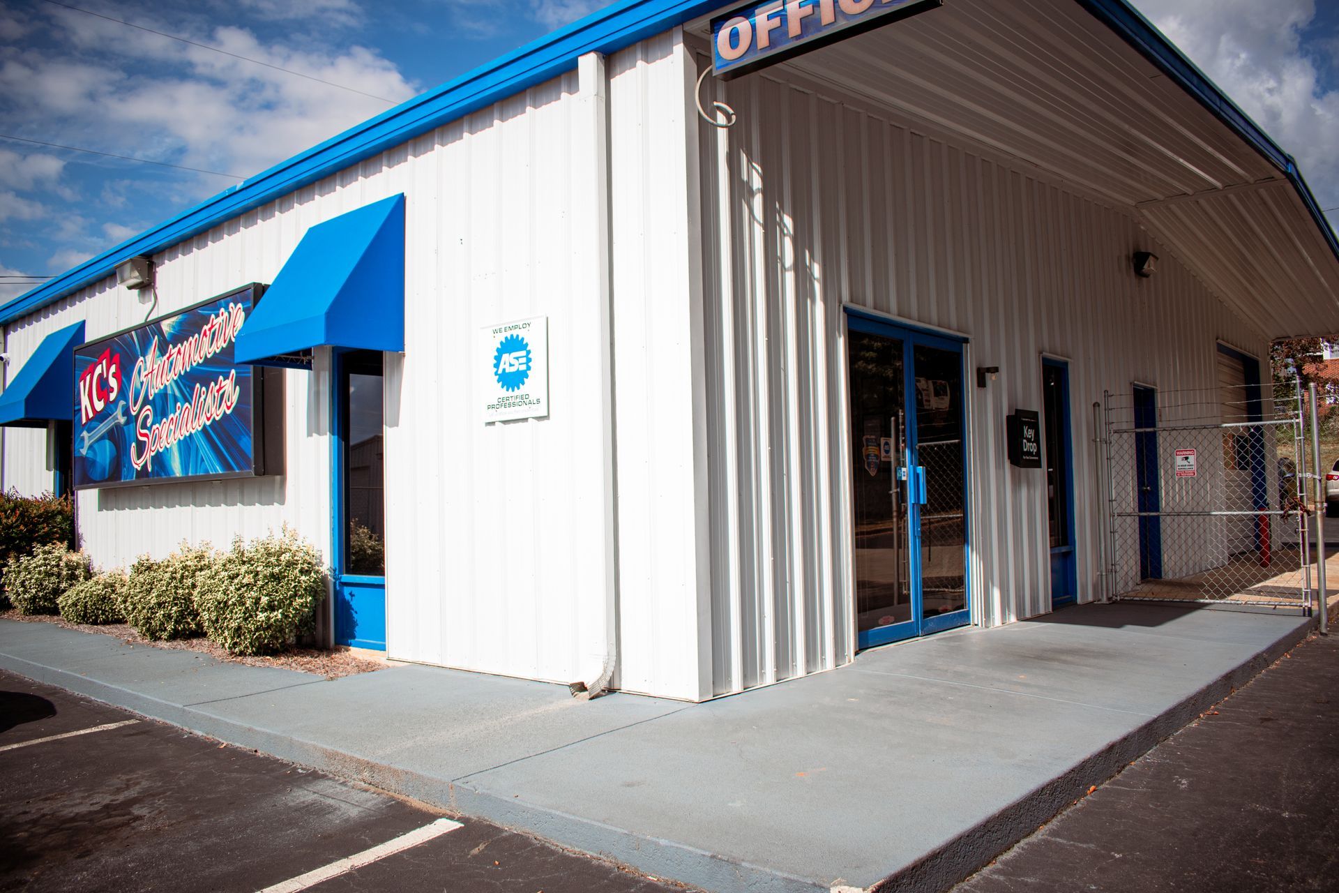 White and blue building with 