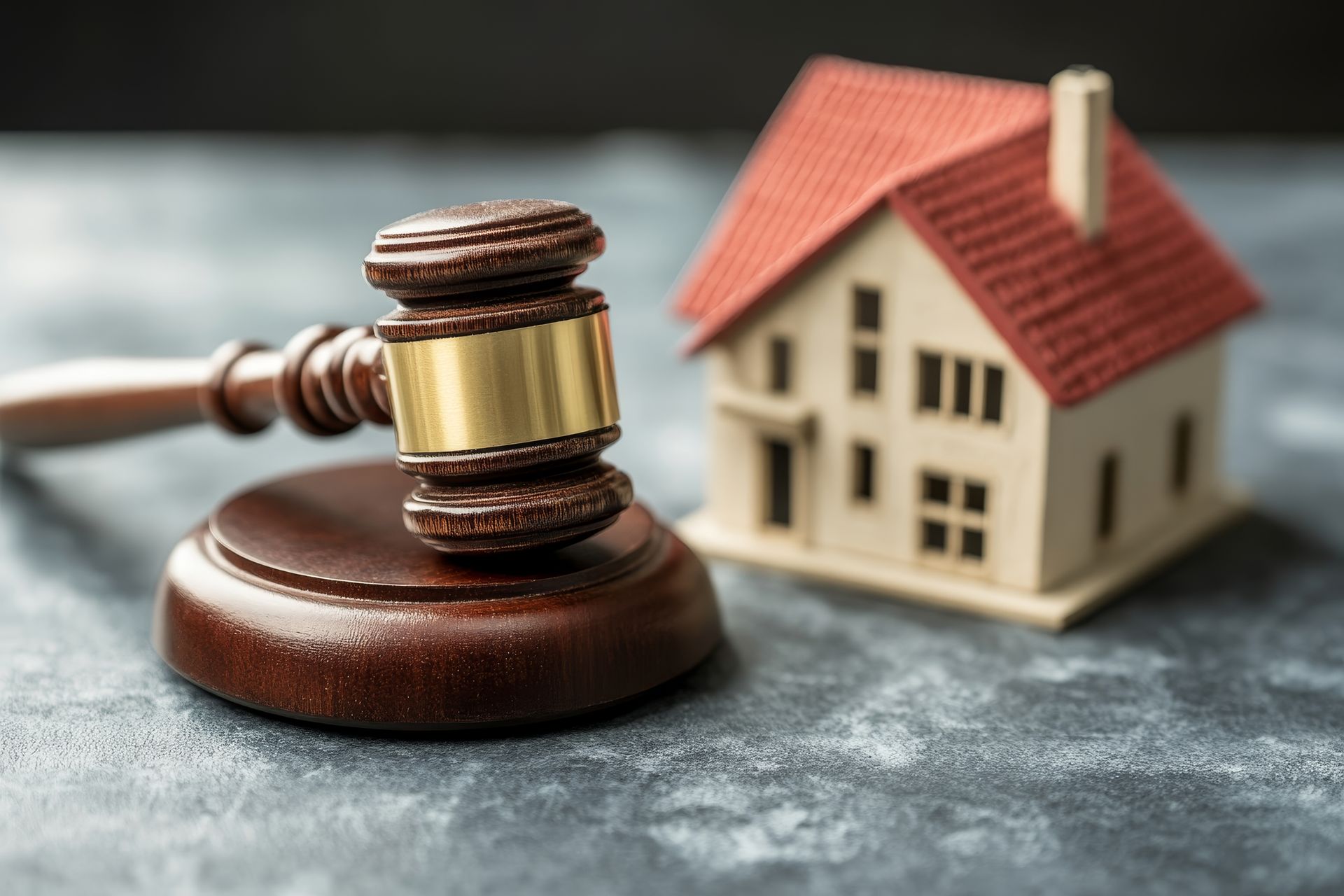 Gavel and house model on a table, suggesting a real estate auction or legal process.