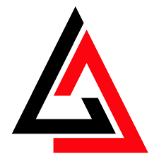 Abstract black and red interlocking triangle logo on white background