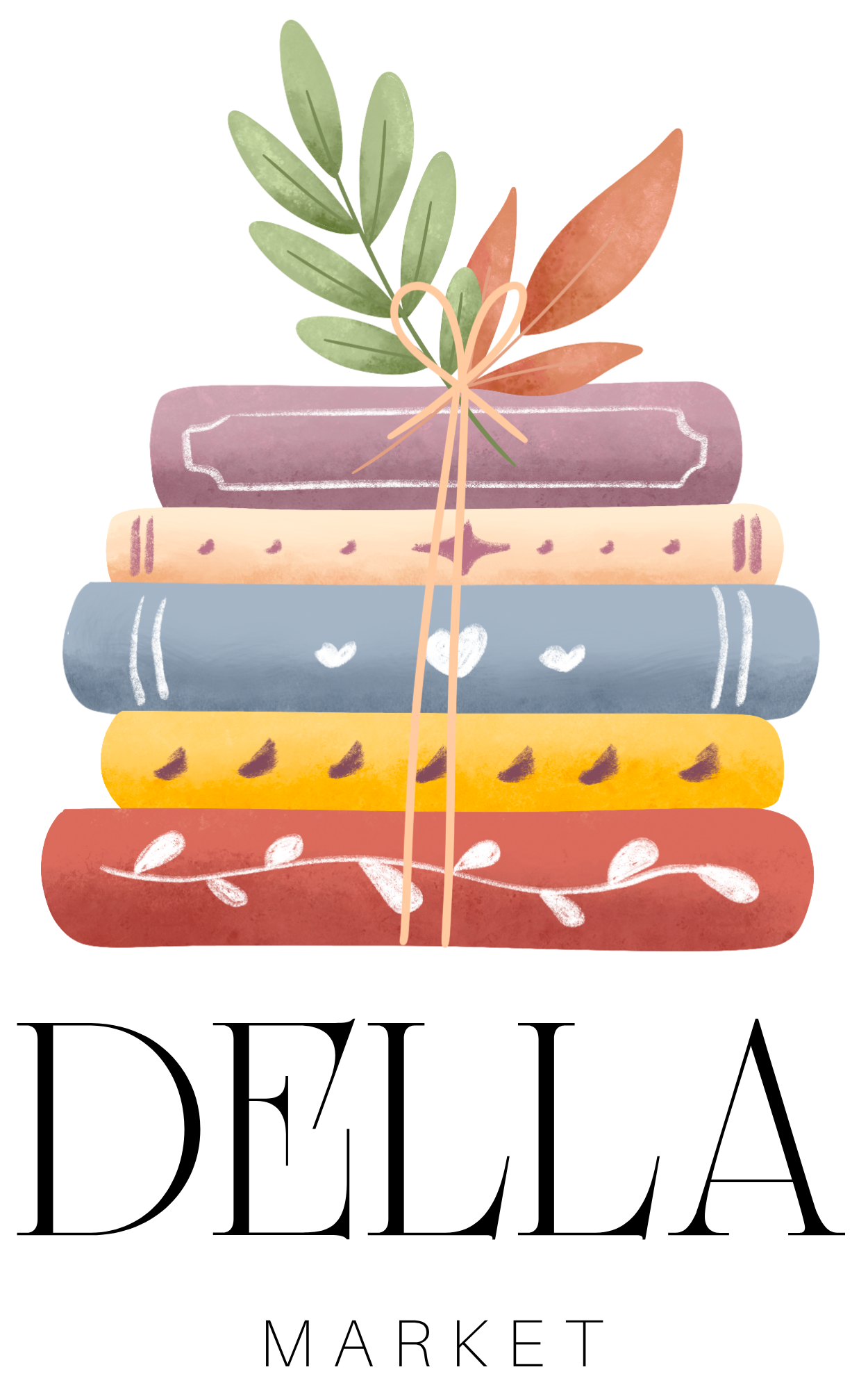 Logo of stacked pastel books with leaves above “DELIA MARKET” text
