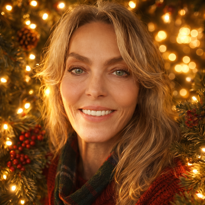 Smiling woman with wavy hair and festive lights in the background