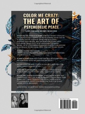 Book cover for “Color Me Crazy: The Art of Psychedelic Peace,” with abstract blue-black artwork and barcode