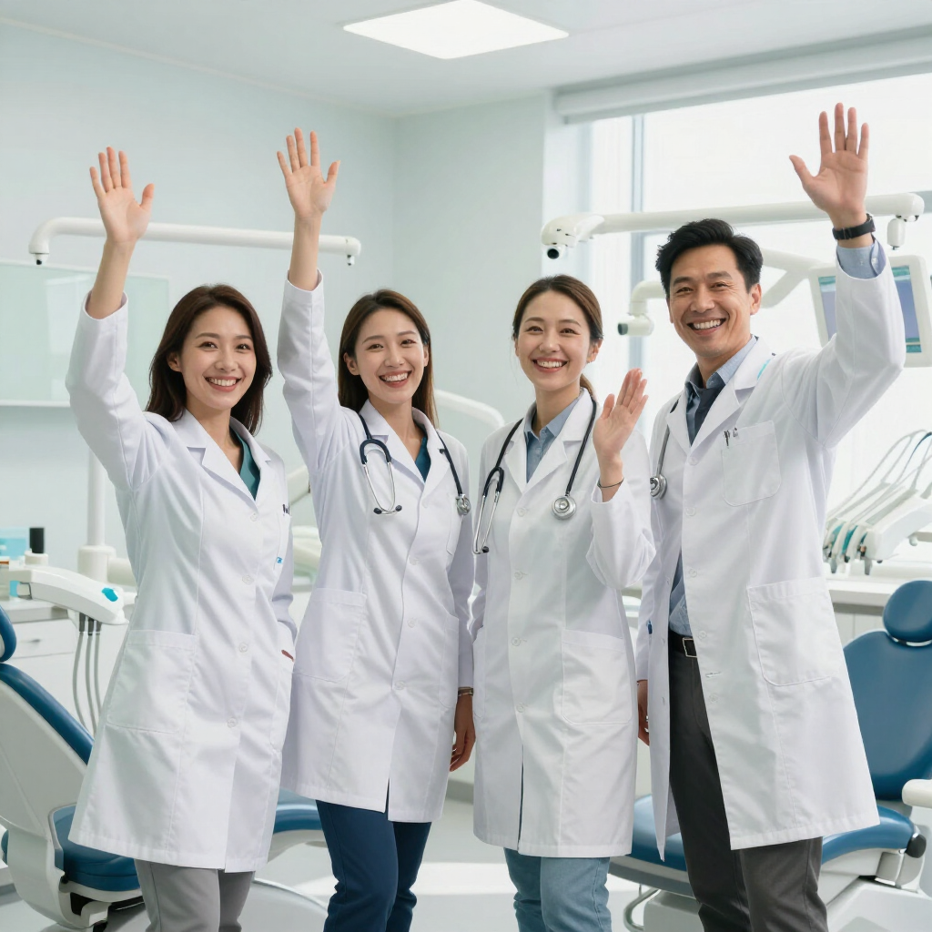 Two medical staff in a clinic, one in blue scrubs smiling and talking with a colleague.