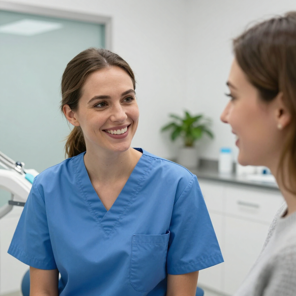 Two medical staff in a clinic, one in blue scrubs smiling and talking with a colleague.