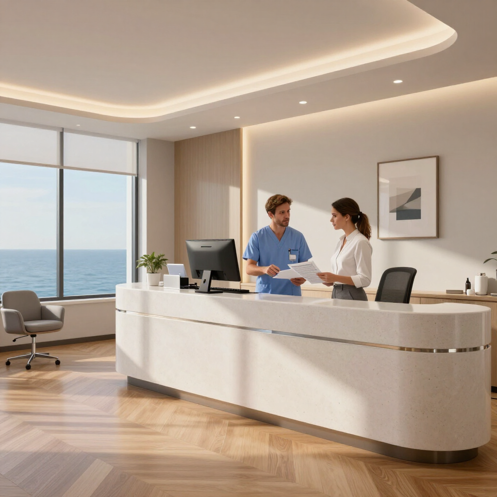 Bright modern hotel lobby with two staff talking at the reception desk, ocean view in the background