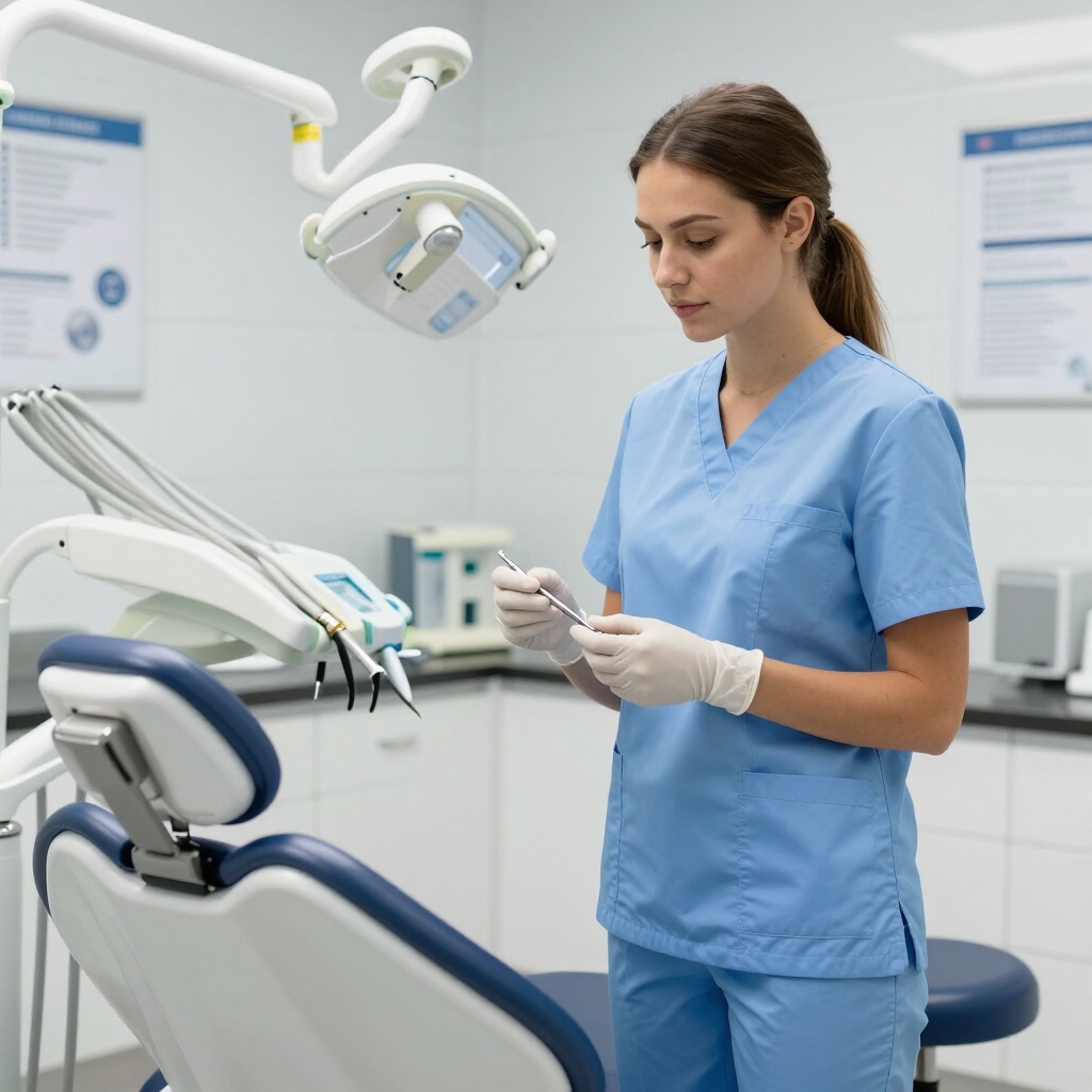 Dental nurse in blue scrubs preparing tools beside a dentist chair in a bright clinic