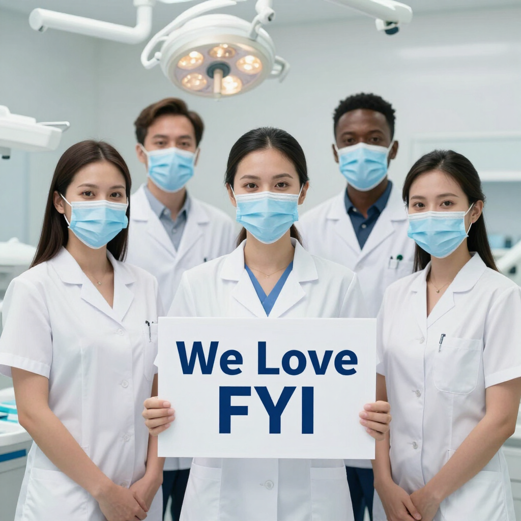 Five masked medical staff in white coats hold a sign reading “We Love FYI” in a clinic.