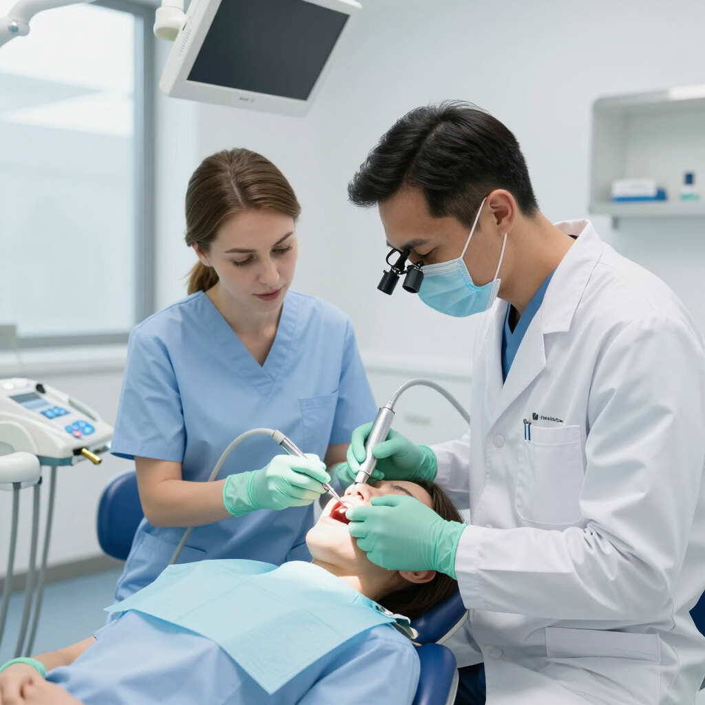 Two medical staff in a clinic, one in blue scrubs smiling and talking with a colleague.