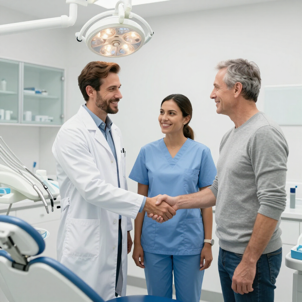 Doctor and nurse shaking hands with a patient in a bright medical exam room.