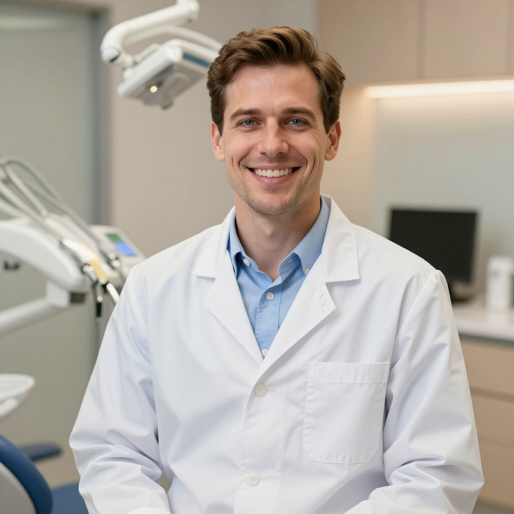 Smiling dentist in a white coat seated in a modern dental clinic