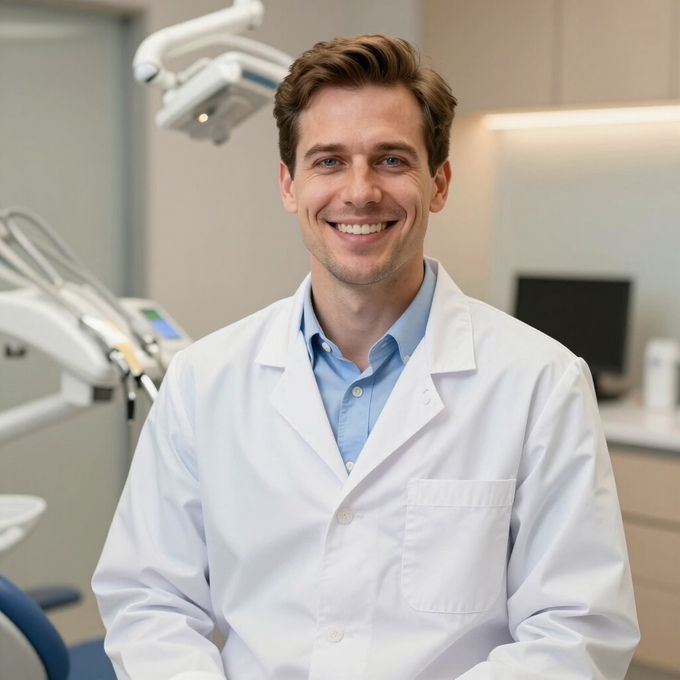Smiling dentist in a white coat seated in a modern dental clinic