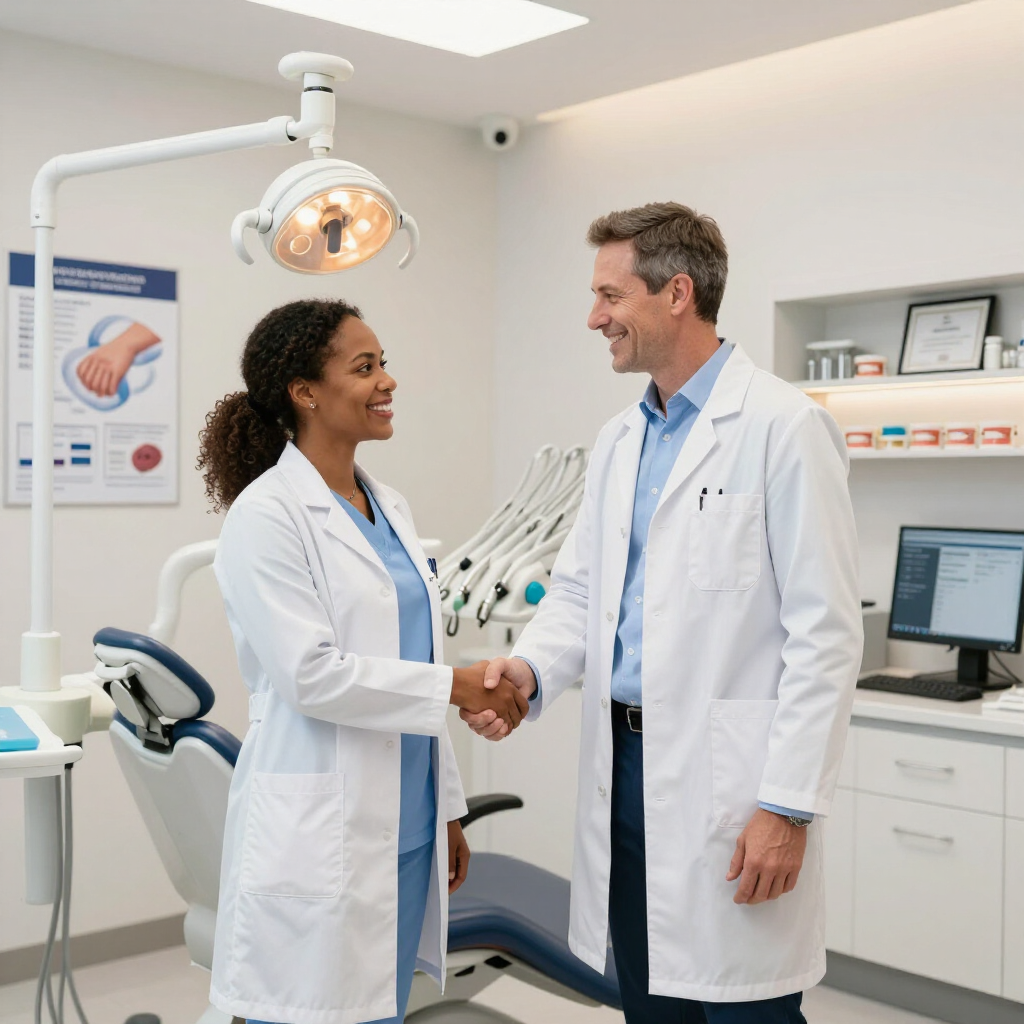 Two medical staff in a clinic, one in blue scrubs smiling and talking with a colleague.