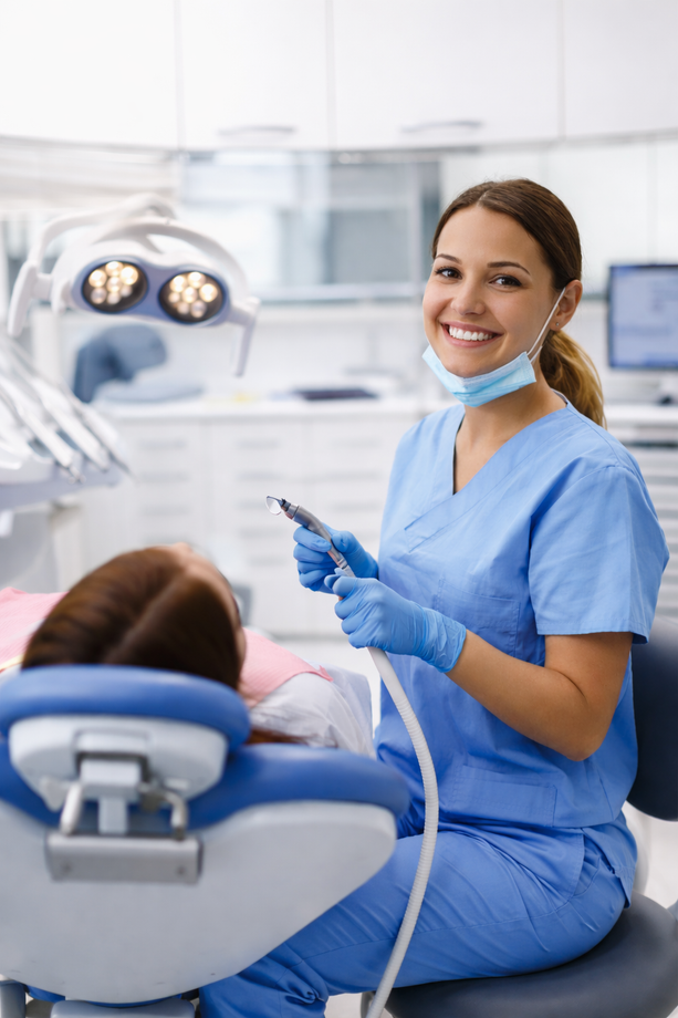 Dentist in blue scrubs smiling in a dental clinic beside a patient in a chair