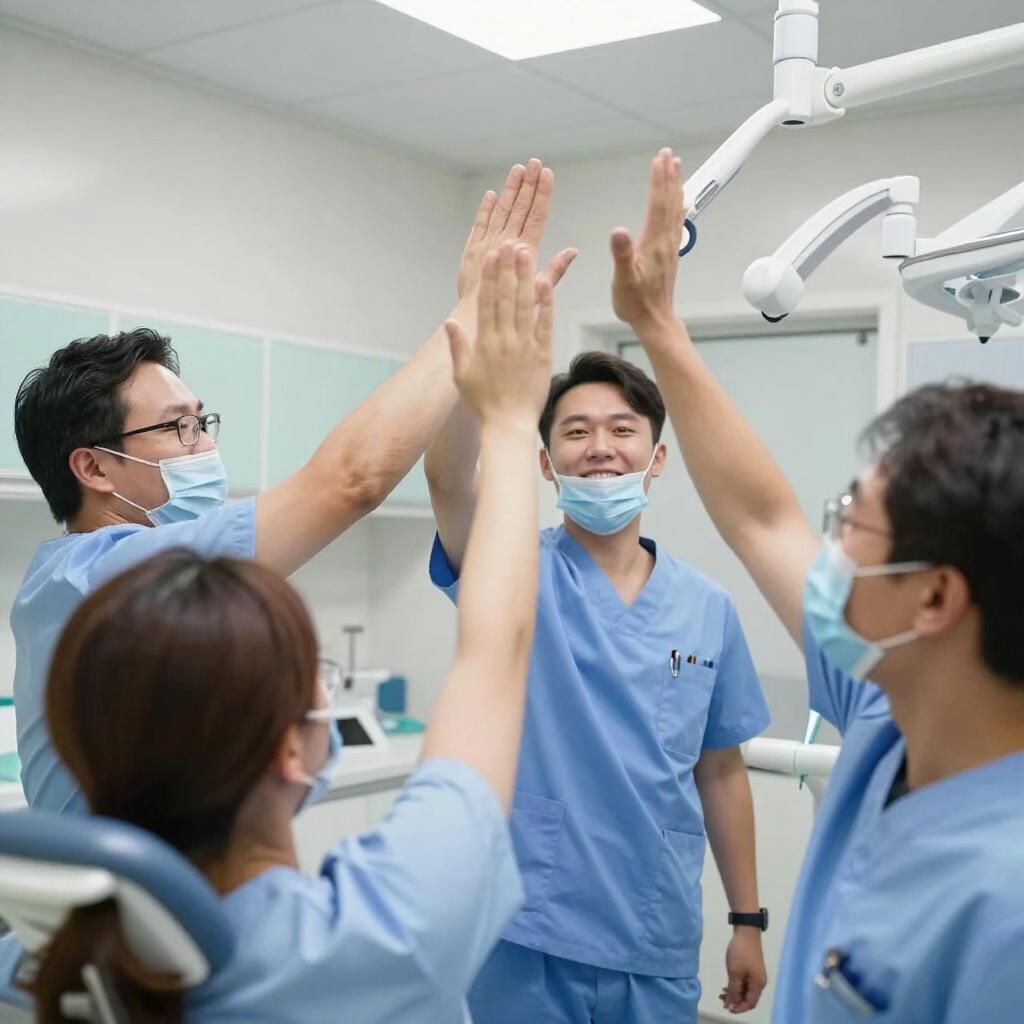 Two medical staff in a clinic, one in blue scrubs smiling and talking with a colleague.