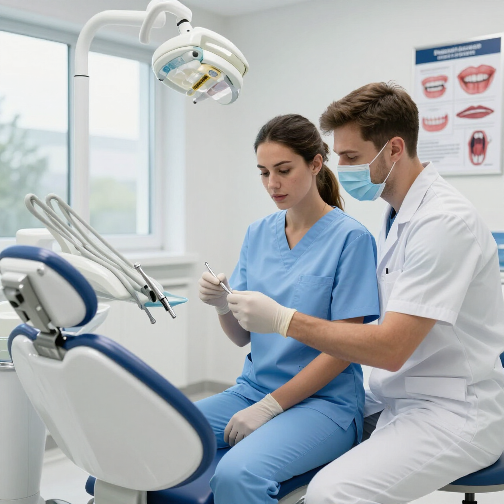 Dentist and assistant treating a patient in a bright dental clinic