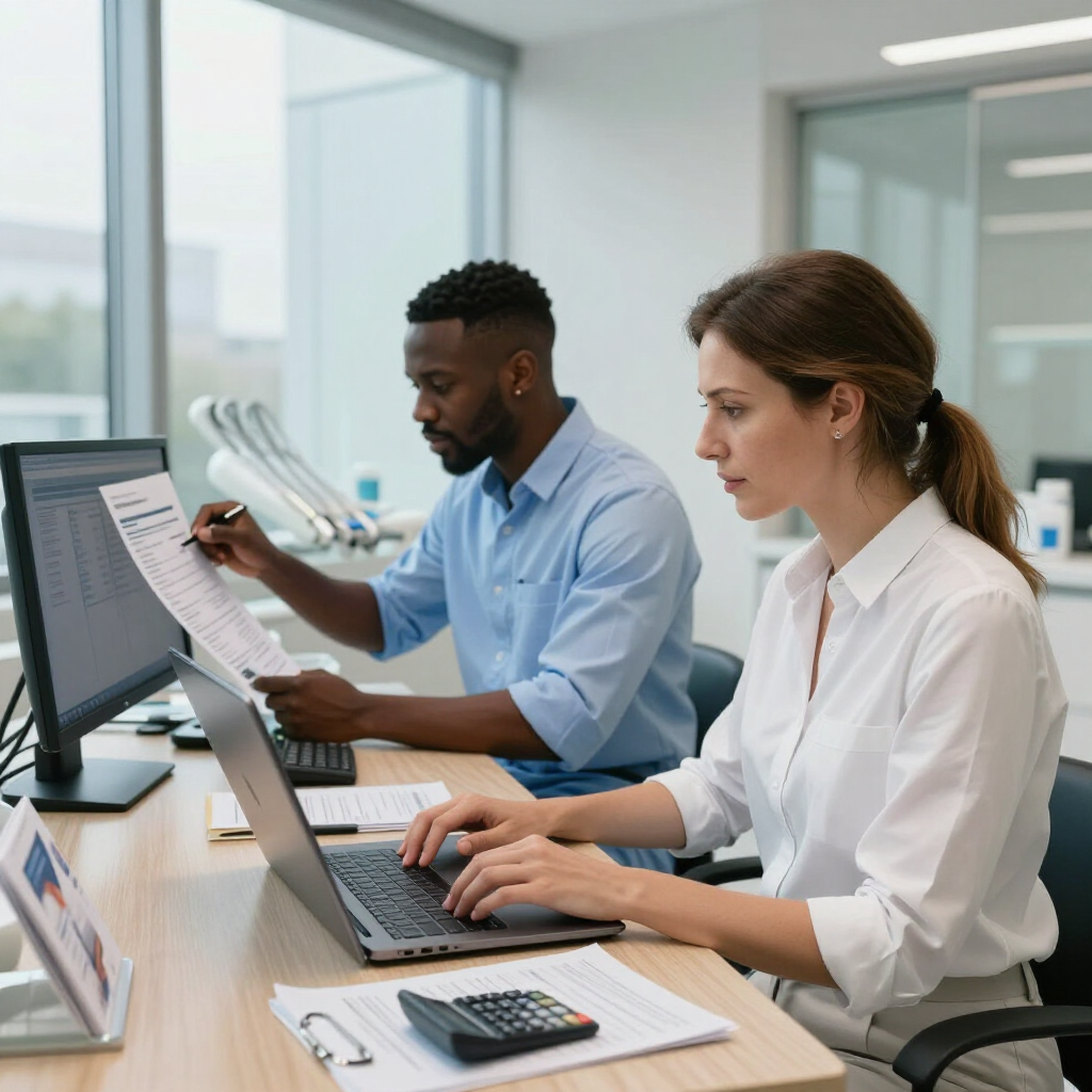 Two coworkers typing at laptops in a bright office meeting room