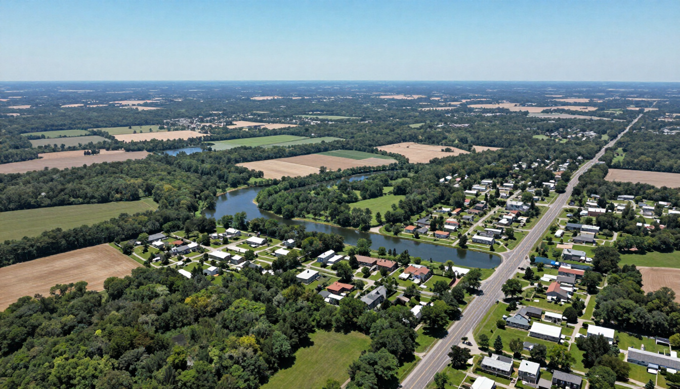 Aerial view of a rural neighborhood with fields, trees, roads, and scattered houses under a clear blue sky