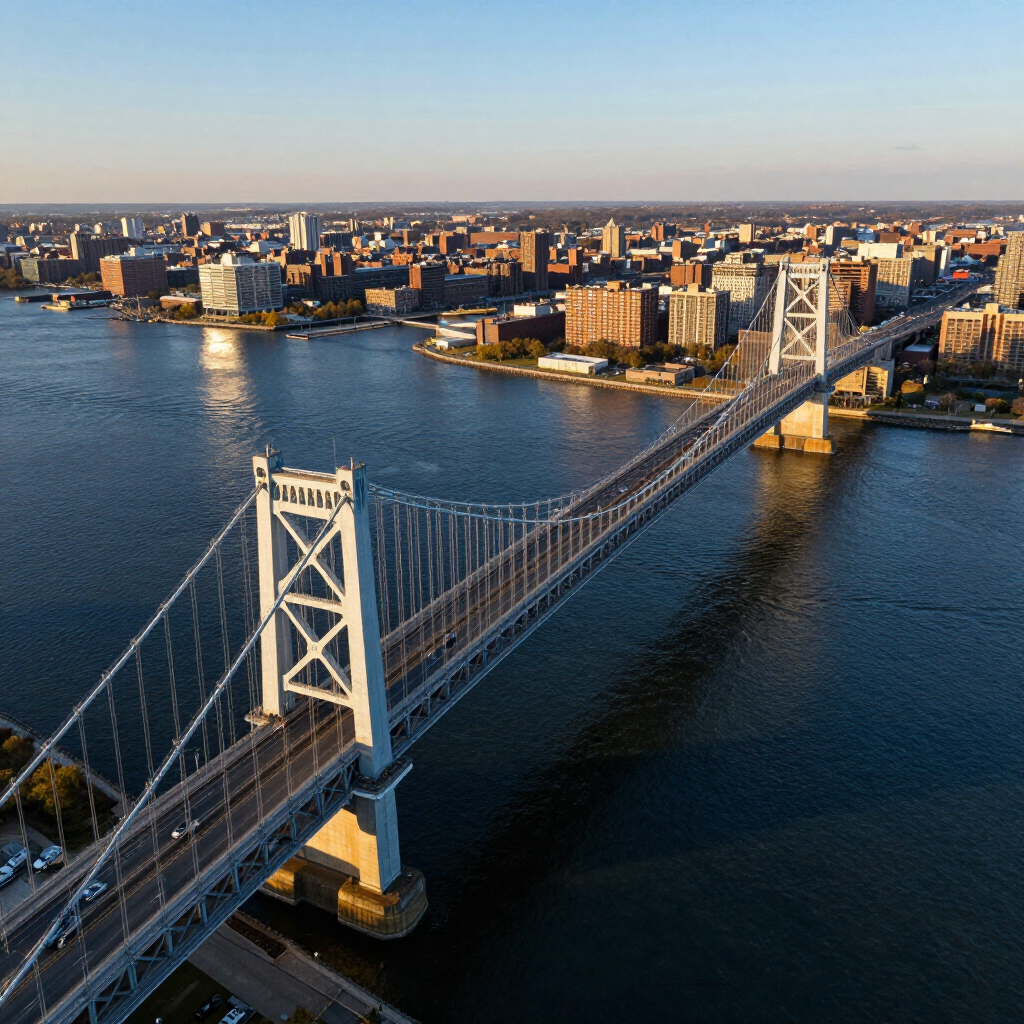 Aerial view of a suspension bridge over a river with a city skyline in the background at sunset