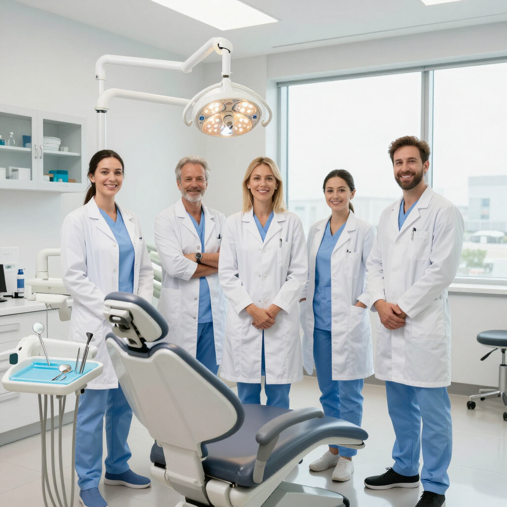 Two medical staff in a clinic, one in blue scrubs smiling and talking with a colleague.