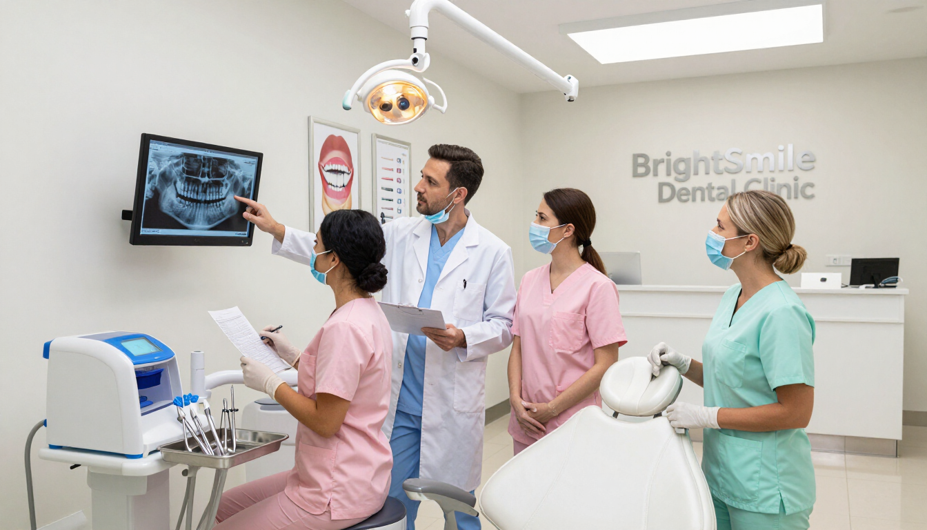 Medical team reviewing a dental X-ray in a bright clinic treatment room