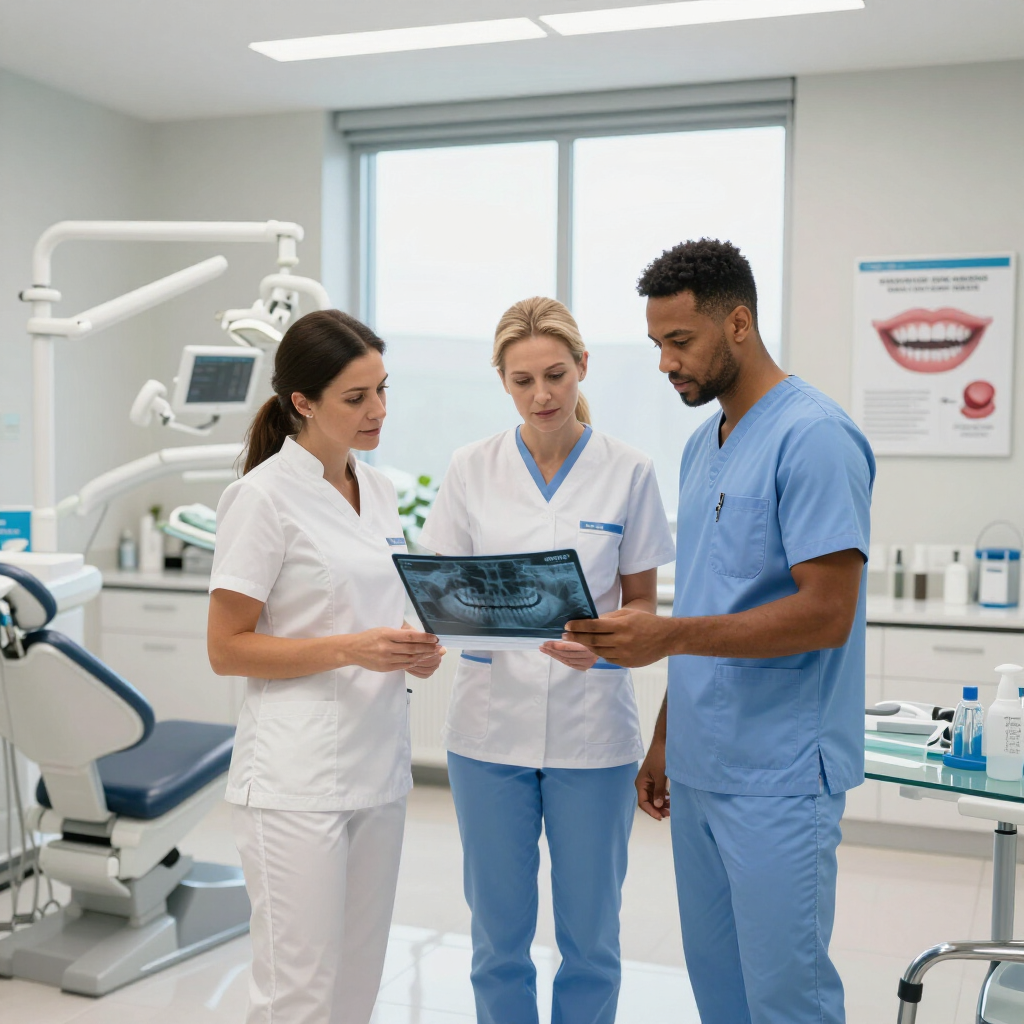 Three clinicians in a dental office reviewing an X-ray beside a dental chair