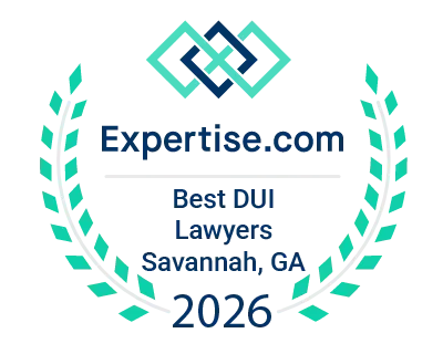 Expertise.com award: Best DUI Lawyers in Savannah, GA 2024, teal and blue logo with laurel wreath.