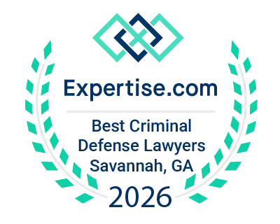 Expertise.com award badge for Best Criminal Defense Lawyers in Savannah, GA, 2024. Blue and teal design.