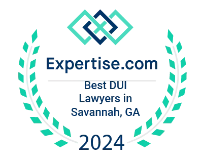 Expertise.com award: Best DUI Lawyers in Savannah, GA 2024, teal and blue logo with laurel wreath.