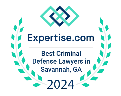 Expertise.com award badge for Best Criminal Defense Lawyers in Savannah, GA, 2024. Blue and teal design.