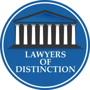 Blue circular logo with a white Greek-style building with LAWYERS OF DISTINCTION text.