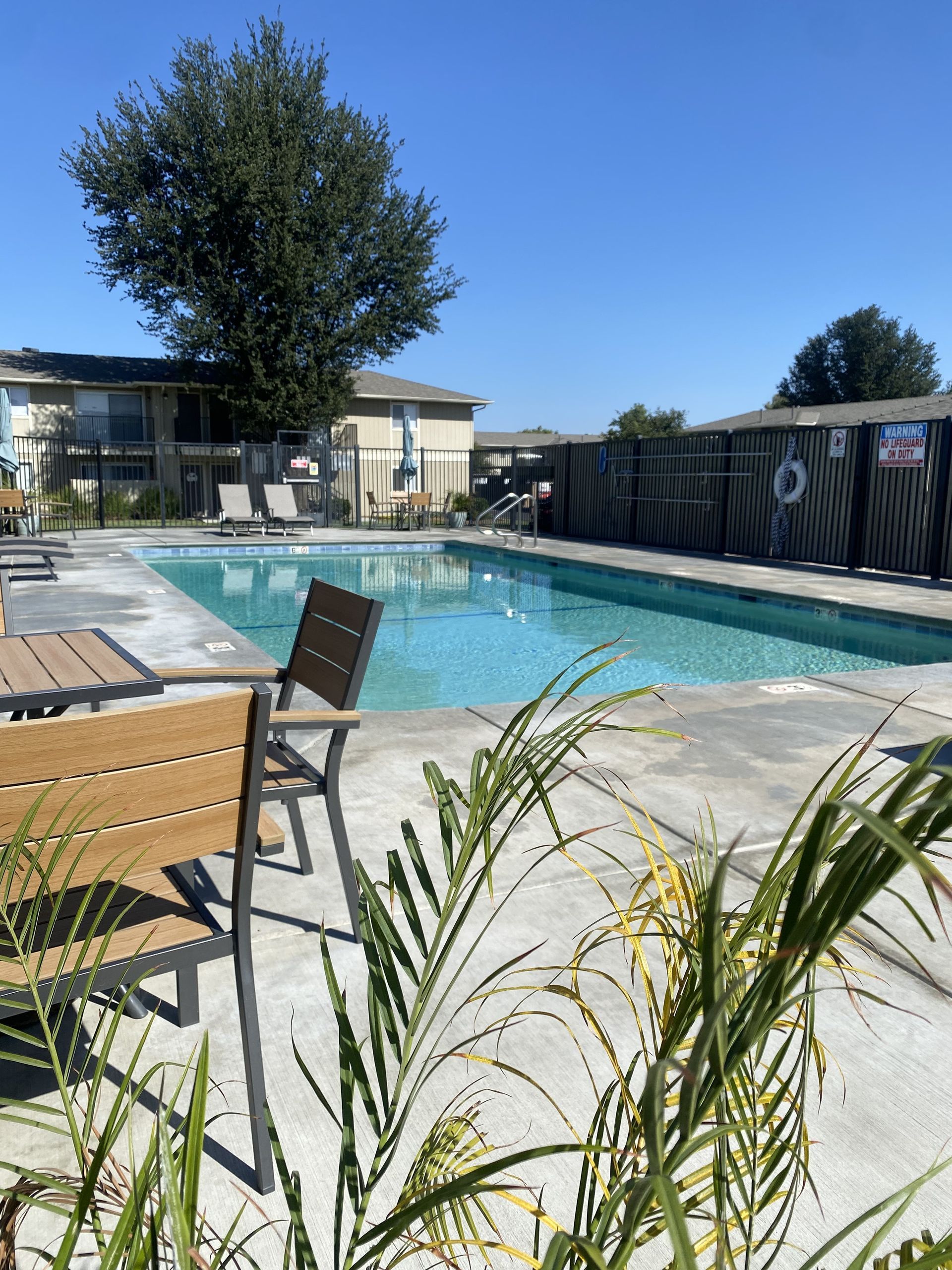 Swimming pool in front of an apartment complex on a sunny day with lounge chairs and a fence.