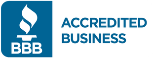 A blue and white logo for an accredited business.