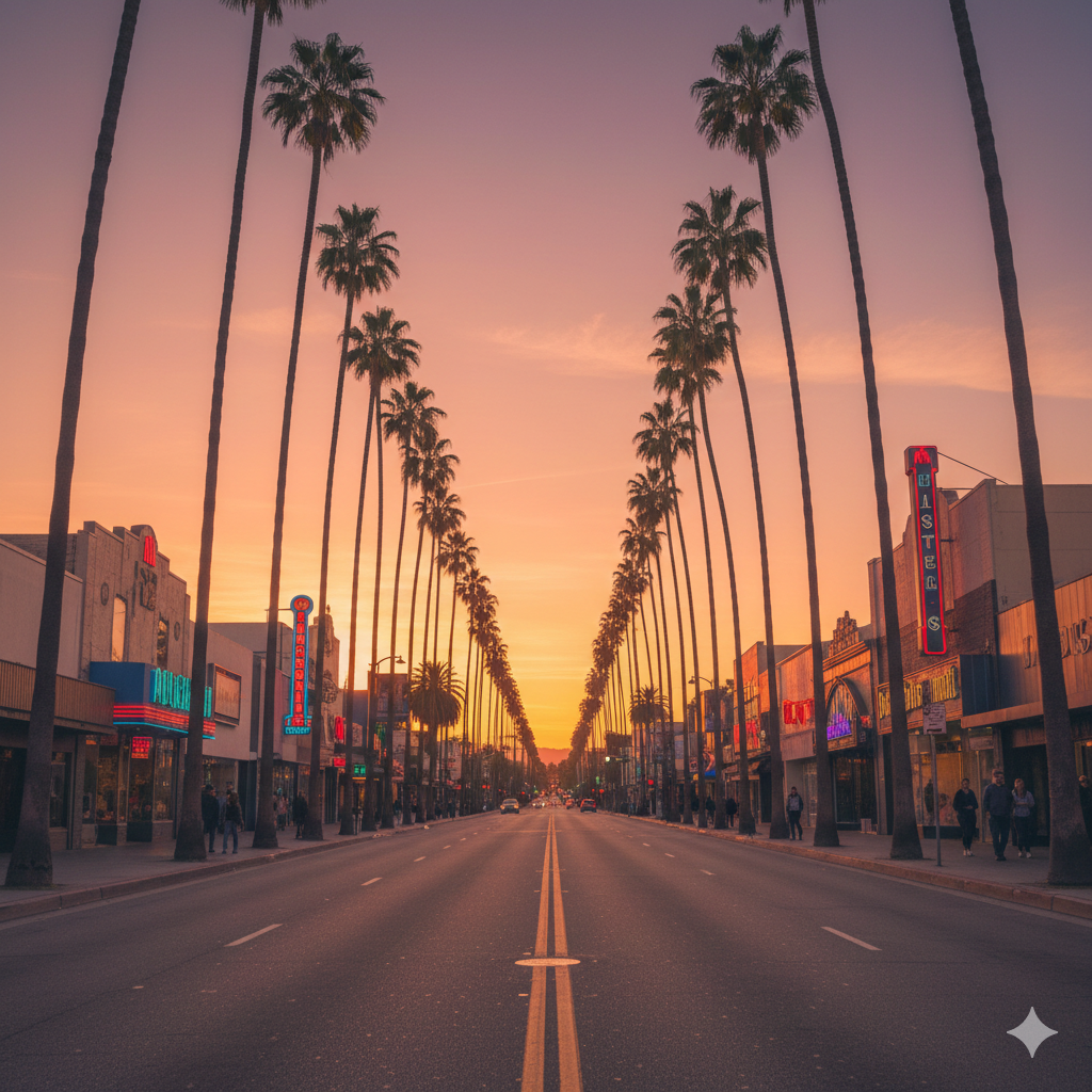 Street lined with palm trees at sunset. Buildings with glowing signs flank the road.