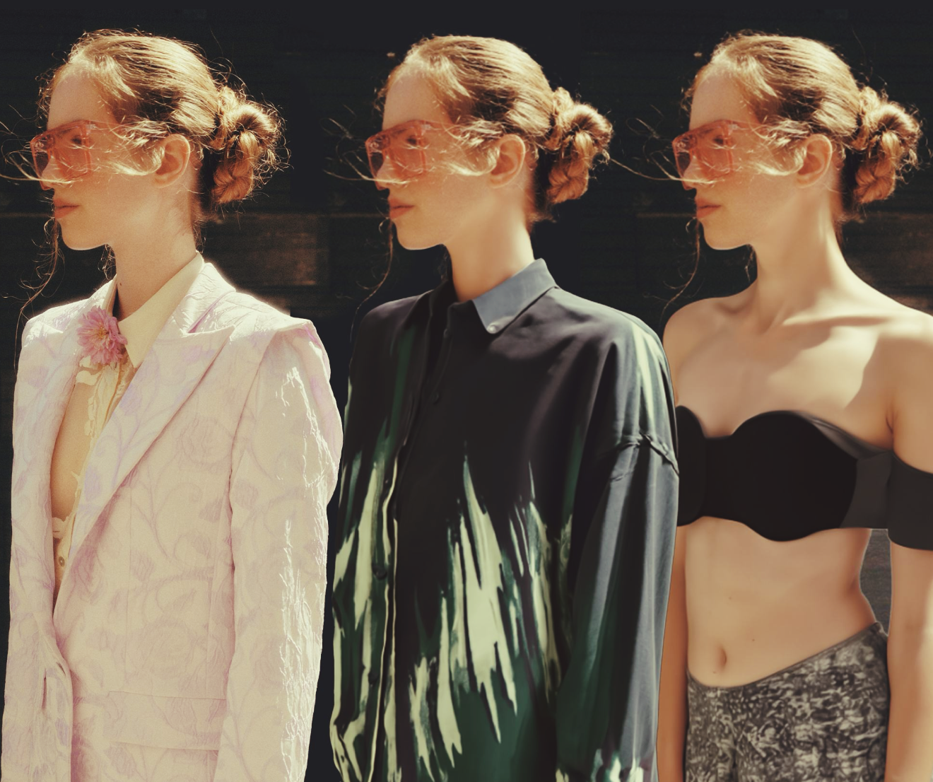 Three models wearing pink sunglasses and different outfits stand in a row outdoors.