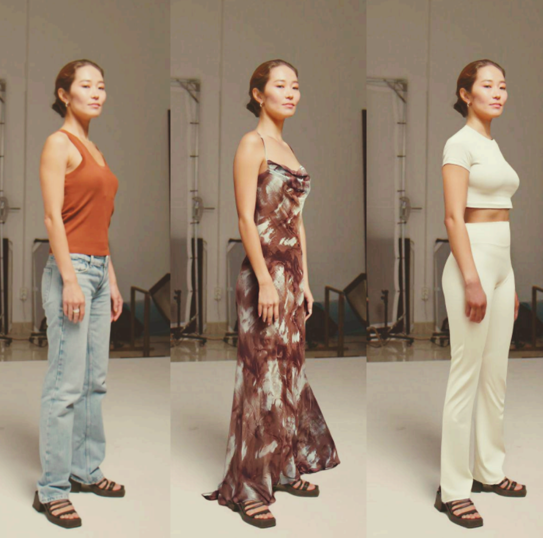 Woman in three outfits: casual, formal dress, and cream-colored matching set, posing in a studio.