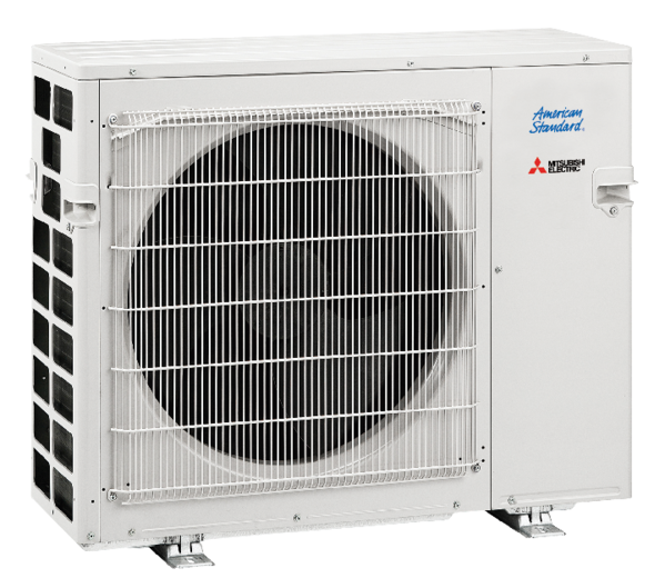White Mitsubishi Electric outdoor air conditioner unit with large front fan grille