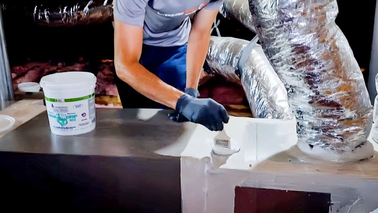 Worker installing white insulation on ductwork in an attic, with a large silver ventilation hose nearby.