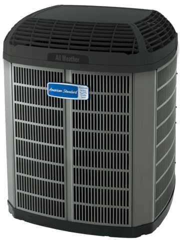 Gray outdoor air conditioner unit with black top vents and blue label