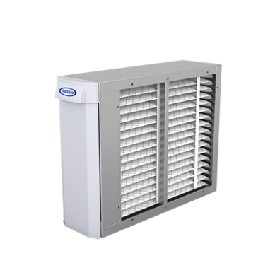 Gray industrial air filter unit with multiple pleated filter panels