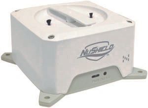White NUSHIELD portable electronic enclosure with top handle and mounting feet on a light background