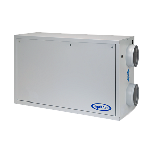 White rectangular HVAC ventilation unit with two round side ducts on a plain background