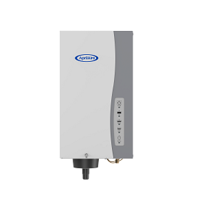 White wall-mounted water heater with gray side panel and control buttons