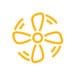 Yellow circular flower-like logo with six petal shapes around a center, on white background